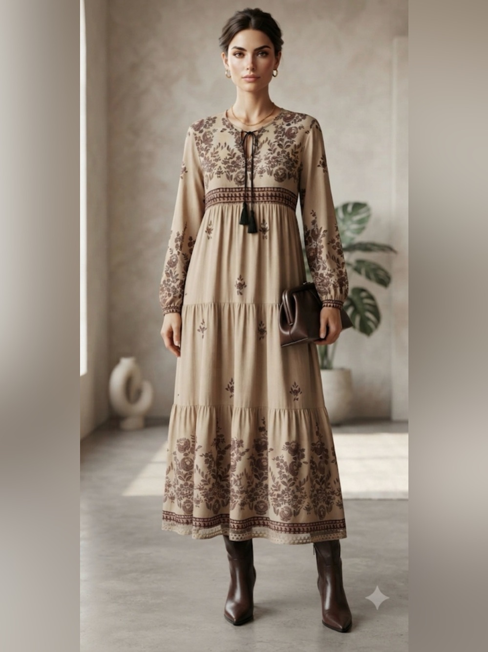 Zenane Bohemian Tiered Floral Maxi Dress in Beige